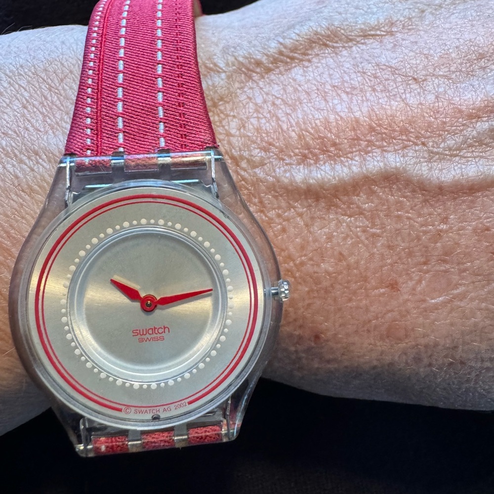 Swatch Red and Silver Sporty Watch with Transparent Case